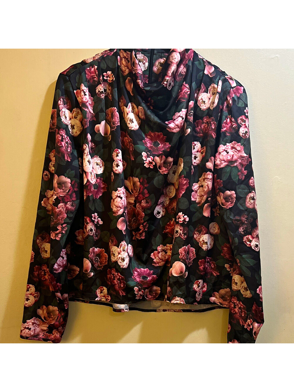 Badgley Mischka Women’s L Black/Pink/Green Floral Sheer Chiffon Cowl Blouse